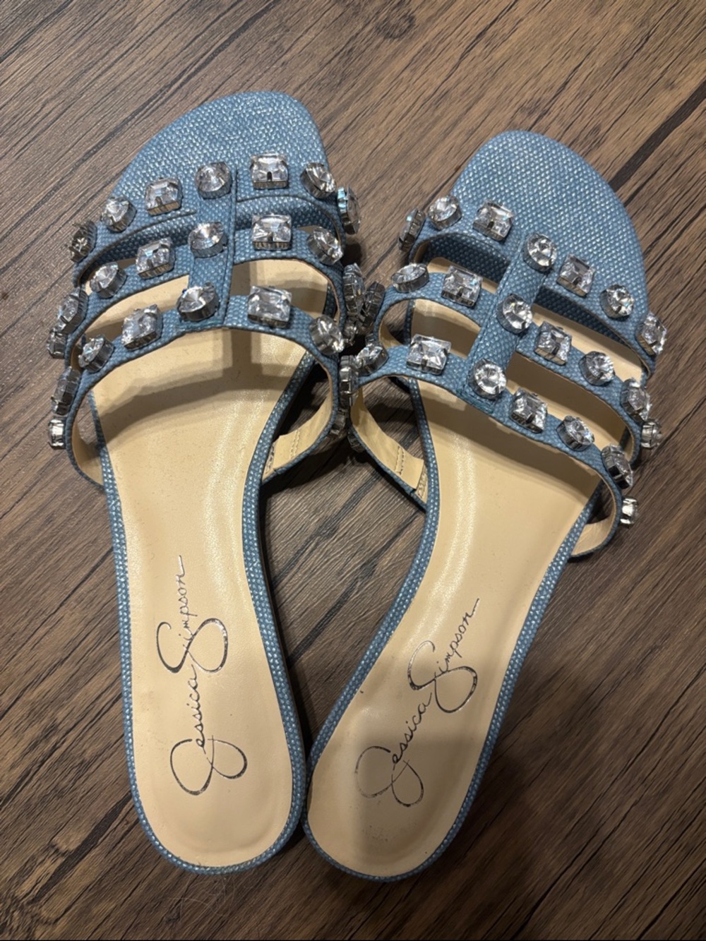 Jessica Simpson Denim Blue Jeweled Slides.